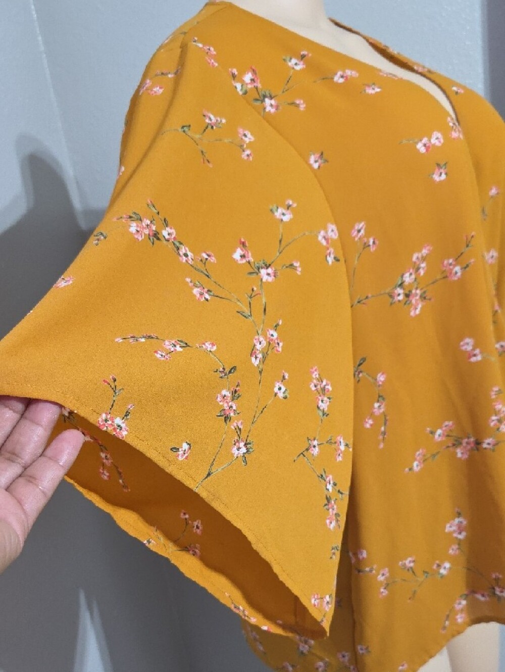 Express Mustard Floral Side-Tie Wrap Top Size L - Picture 3 of 12